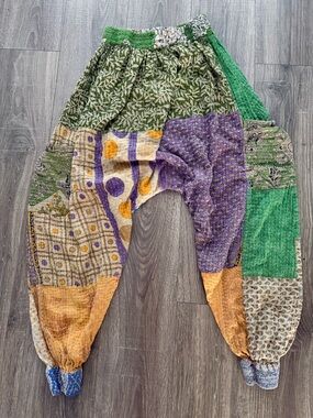Kantha Bae Patchwork Boho Pants in Purple, Green & Mustard
